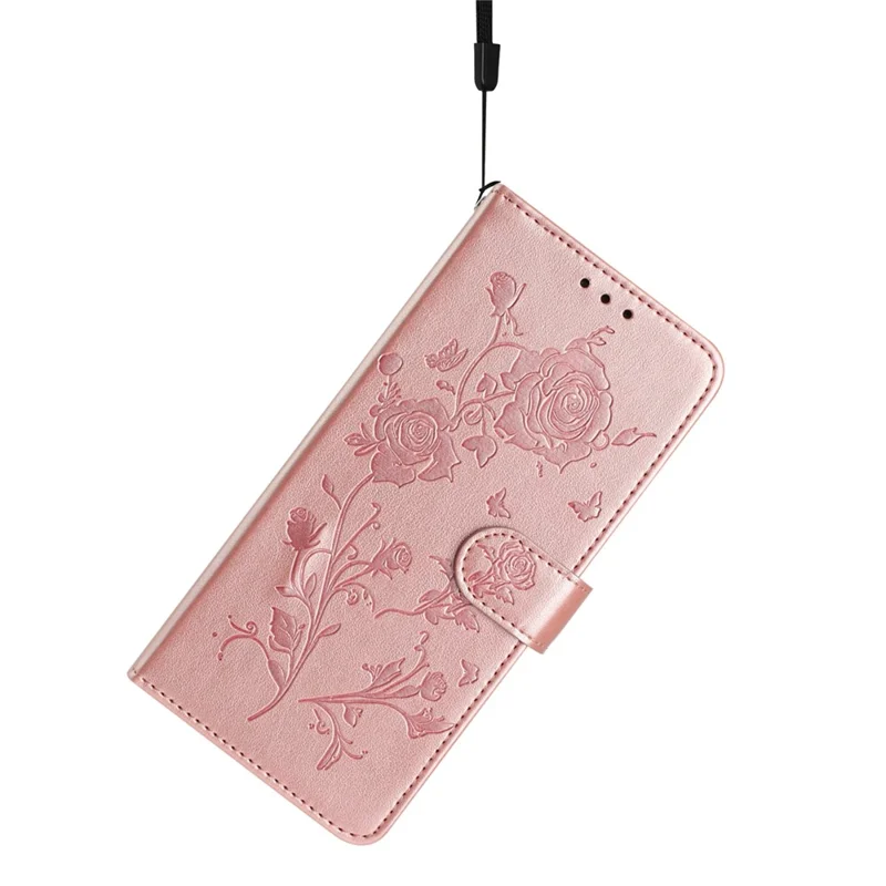 For iPhone 17 Air Wallet Case Rose Pattern Imprinted Leather Flip Stand Phone Cover with Strap - Rose Gold