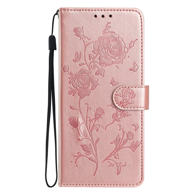 For iPhone 17 Air Wallet Case Rose Pattern Imprinted Leather Flip Stand Phone Cover with Strap - Rose Gold