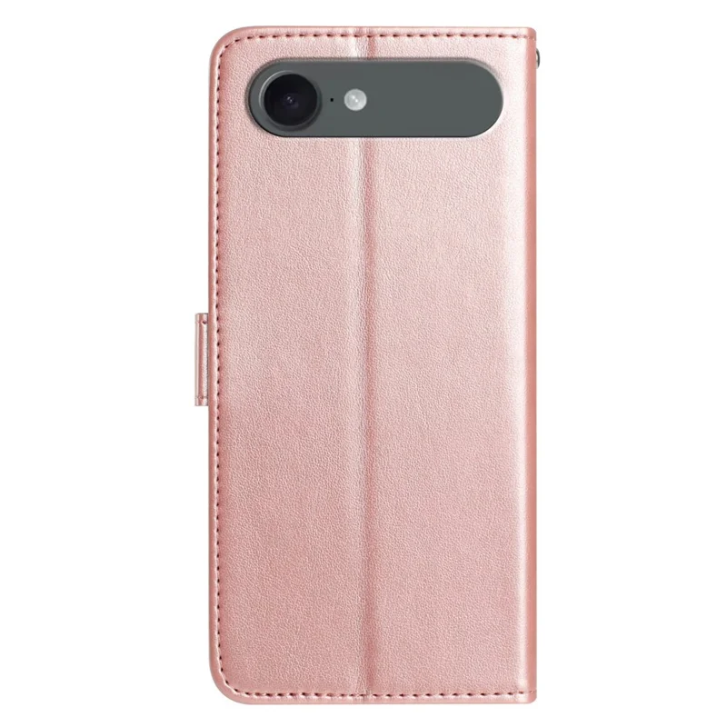For iPhone 17 Air Wallet Case Rose Pattern Imprinted Leather Flip Stand Phone Cover with Strap - Rose Gold
