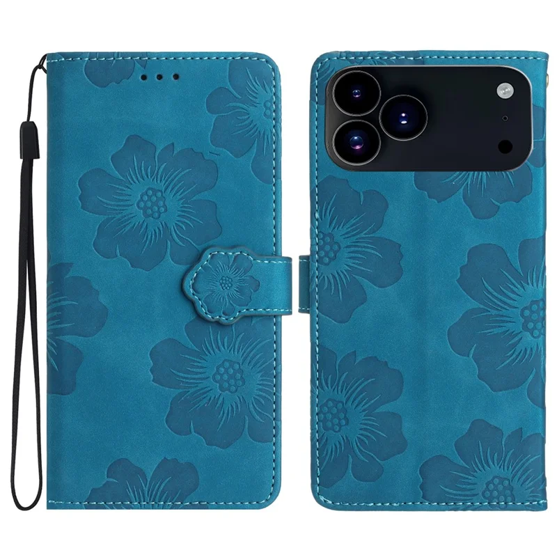 Für iPhone 17 Pro Hülle Blumendesign Leder Brieftasche Handyhülle mit Handschlaufe - Blau