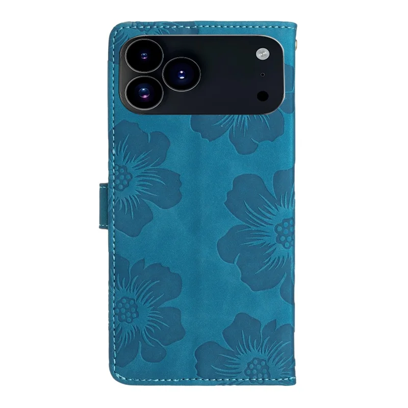 Für iPhone 17 Pro Hülle Blumendesign Leder Brieftasche Handyhülle mit Handschlaufe - Blau