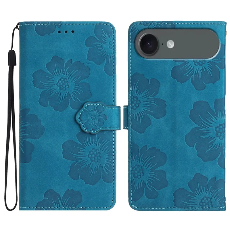 Für iPhone 17 Air Hülle mit Blumendesign Leder Geldbörse Handyhülle mit Handschlaufe - Blau