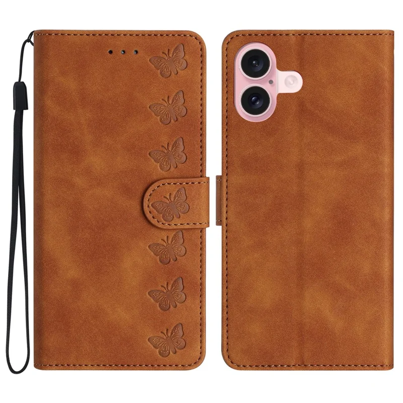 For iPhone 17 Case Imprinted Butterfly Leather Wallet Phone Cover with Hand Strap - Brown