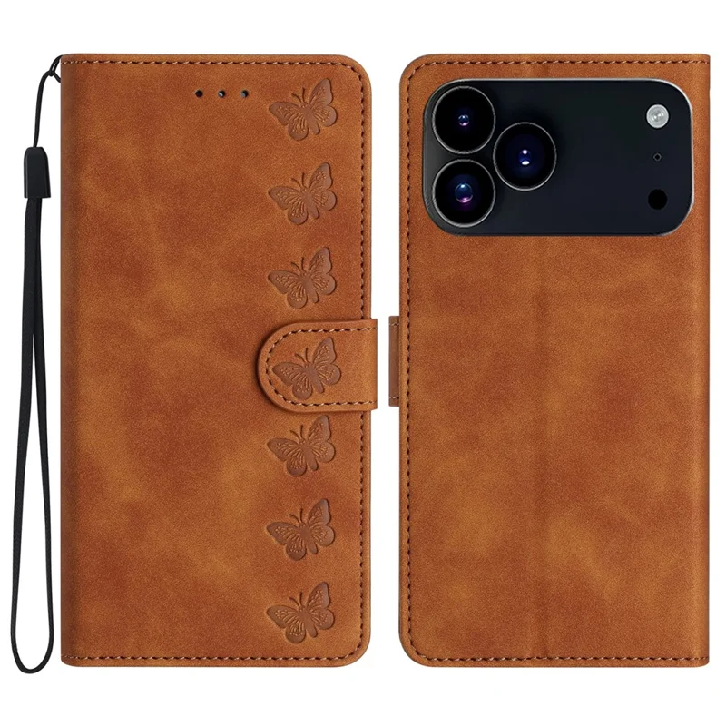 For iPhone 17 Pro Case Imprinted Butterfly Leather Wallet Phone Cover with Hand Strap - Brown