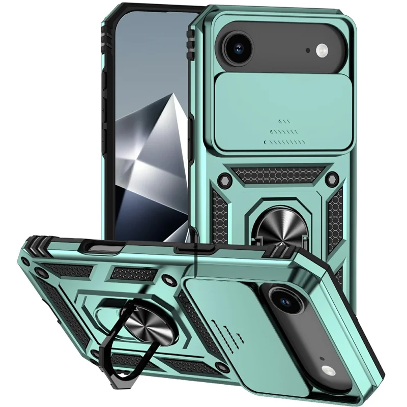 For iPhone Air Case PC + TPU Phone Cover with Lens Protection Kickstand - Blackish Green