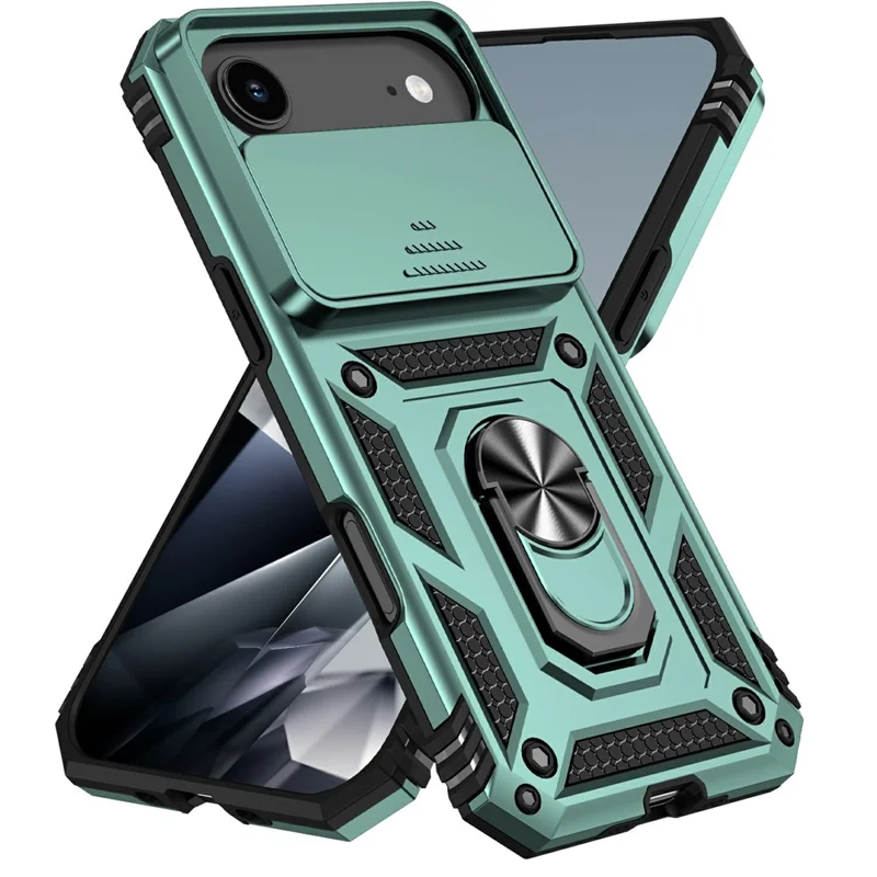For iPhone Air Case PC + TPU Phone Cover with Lens Protection Kickstand - Blackish Green