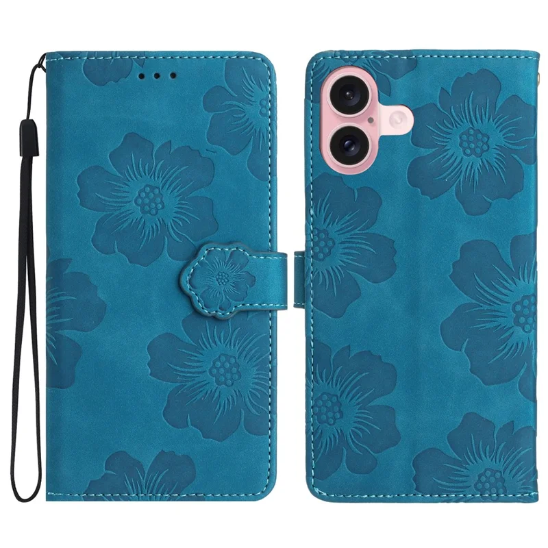 Capa para iPhone 17 Desenho de Flor Carteira de Couro Capa de Telefone com Alça de Pulso - Azul