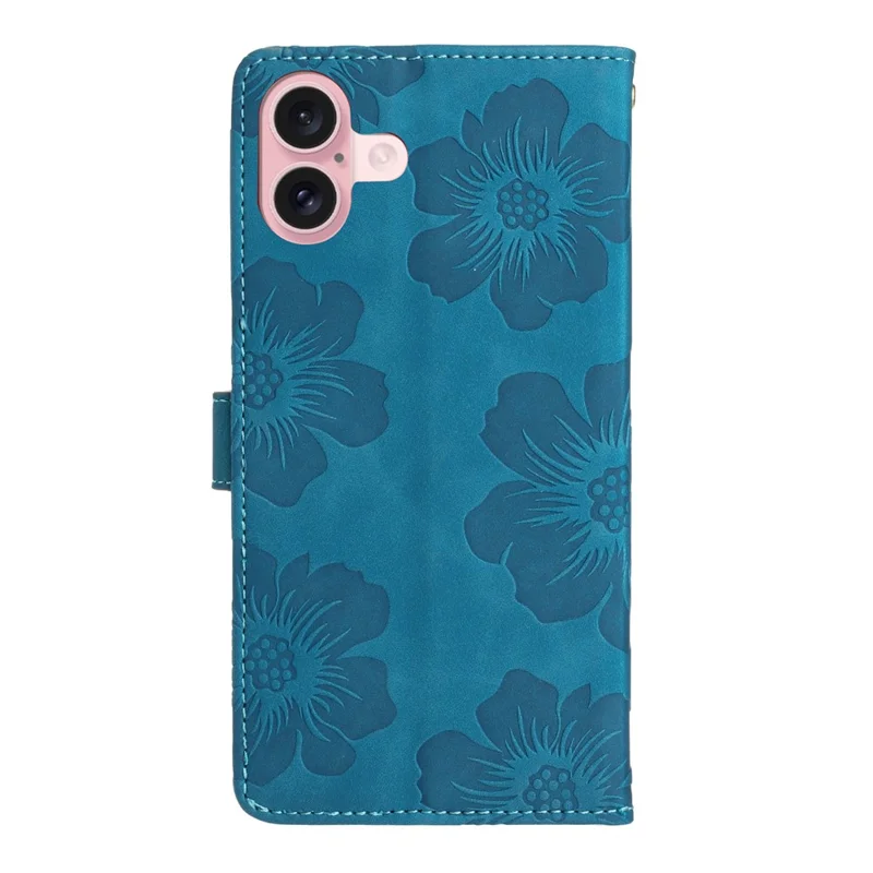 Capa para iPhone 17 Desenho de Flor Carteira de Couro Capa de Telefone com Alça de Pulso - Azul
