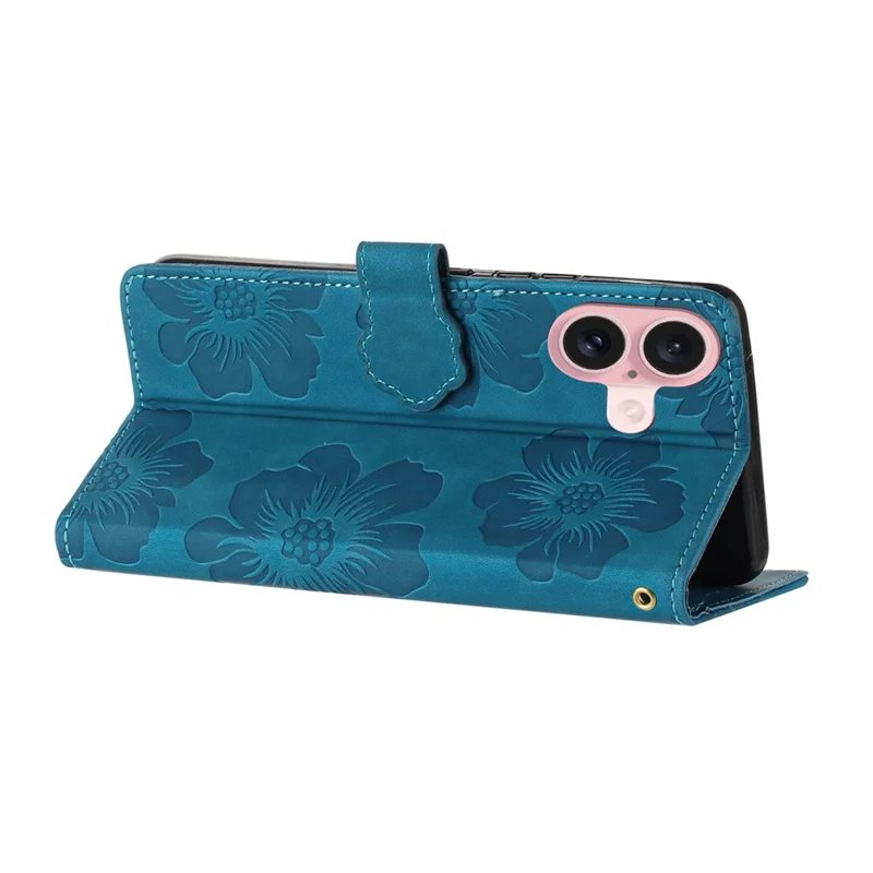 Capa para iPhone 17 Desenho de Flor Carteira de Couro Capa de Telefone com Alça de Pulso - Azul