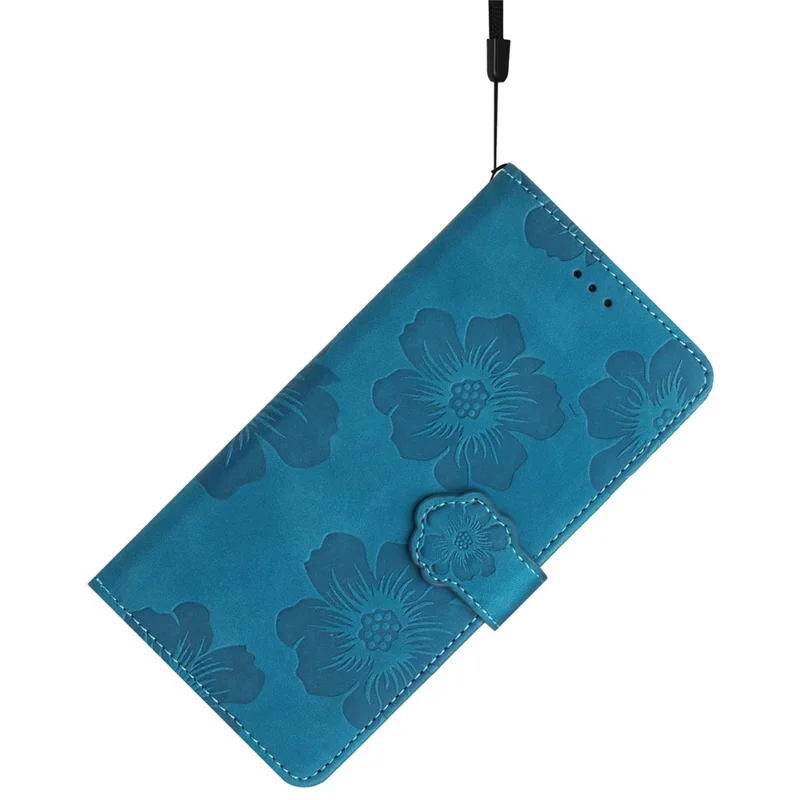 Capa para iPhone 17 Desenho de Flor Carteira de Couro Capa de Telefone com Alça de Pulso - Azul