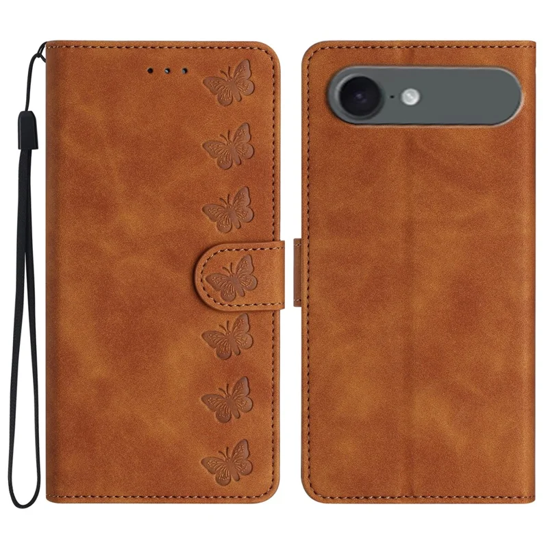 For iPhone 17 Air Case Imprinted Butterfly Leather Wallet Phone Cover with Hand Strap - Brown