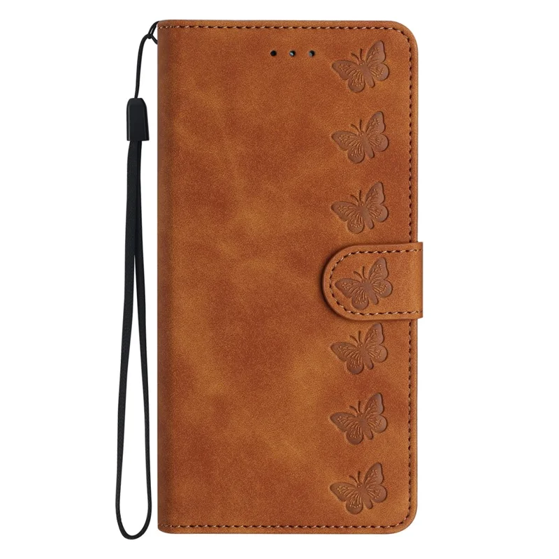 For iPhone 17 Air Case Imprinted Butterfly Leather Wallet Phone Cover with Hand Strap - Brown