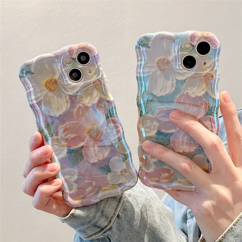For iPhone 13 Case Oil Painting Flower Pattern TPU Phone Cover with Curly Wave Frame
