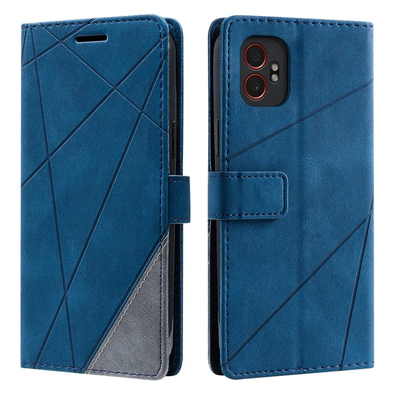 For Samsung Galaxy XCover7 Pro Case Imprinted Lines PU Leather Splicing Wallet Phone Cover with Wrist Strap - Blue