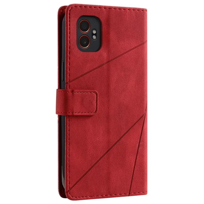 For Samsung Galaxy XCover7 Pro Case Imprinted Lines PU Leather Splicing Wallet Phone Cover with Wrist Strap - Red