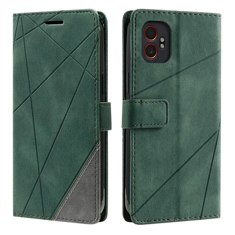 For Samsung Galaxy XCover7 Pro Case Imprinted Lines PU Leather Splicing Wallet Phone Cover with Wrist Strap - Green