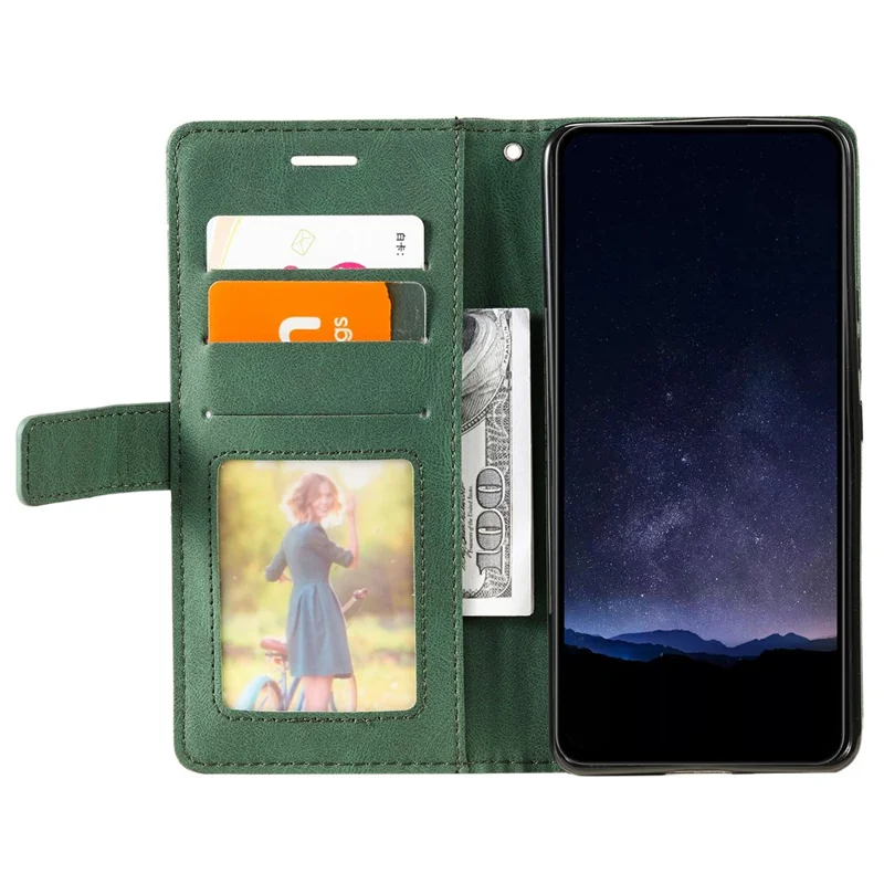 For Samsung Galaxy XCover7 Pro Case Imprinted Lines PU Leather Splicing Wallet Phone Cover with Wrist Strap - Green