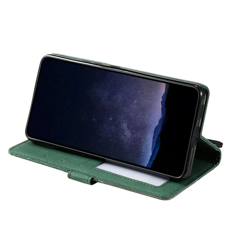 For Samsung Galaxy XCover7 Pro Case Imprinted Lines PU Leather Splicing Wallet Phone Cover with Wrist Strap - Green