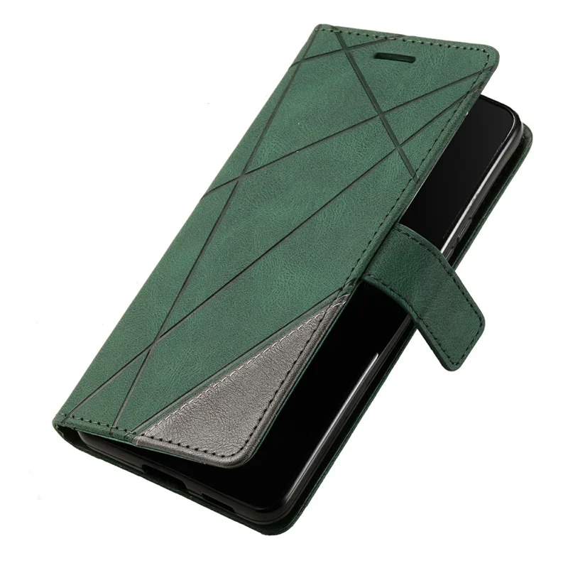 For Samsung Galaxy XCover7 Pro Case Imprinted Lines PU Leather Splicing Wallet Phone Cover with Wrist Strap - Green