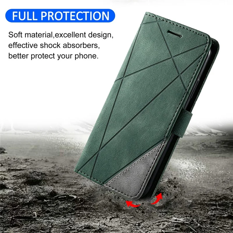 For Samsung Galaxy XCover7 Pro Case Imprinted Lines PU Leather Splicing Wallet Phone Cover with Wrist Strap - Green