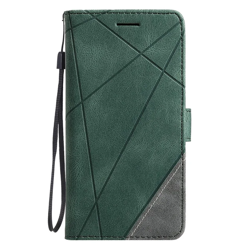 For Samsung Galaxy XCover7 Pro Case Imprinted Lines PU Leather Splicing Wallet Phone Cover with Wrist Strap - Green