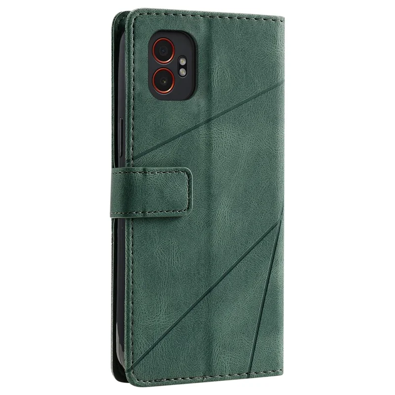 For Samsung Galaxy XCover7 Pro Case Imprinted Lines PU Leather Splicing Wallet Phone Cover with Wrist Strap - Green
