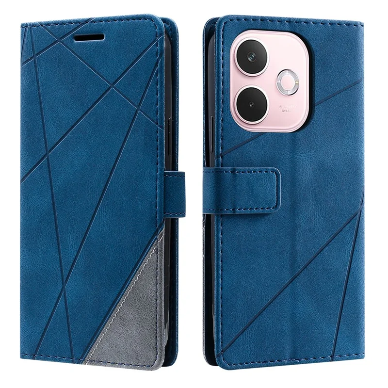 Phone Case For Oppo A5 Pro 4G (Global) / 5G (Global) / A5 Energy 5G (China) , Imprinted Lines PU Leather Splicing Wallet Cover with Wrist Strap - Blue