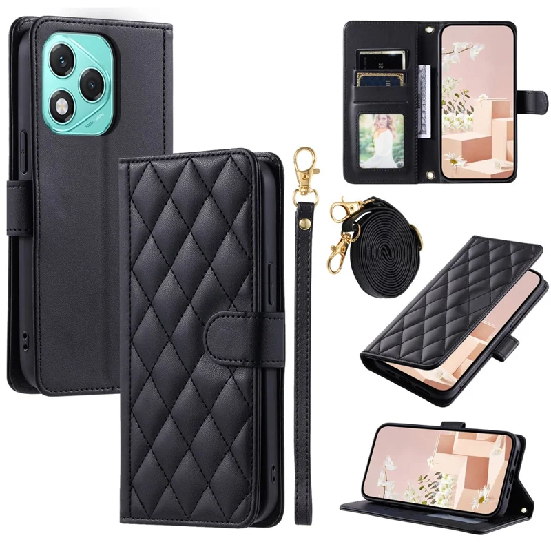 Phone Case For Honor 400 Lite 5G / X70i / X60i 5G Wallet Rhombus Grid PU Leather Cover with Shoulder Strap / Wrist Strap - Black