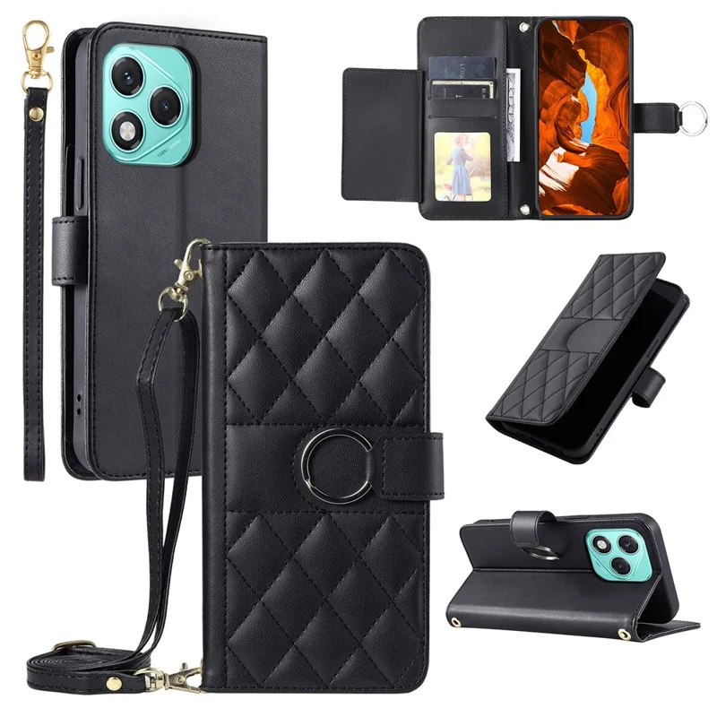 Leather Case For Honor 400 Lite 5G / X70i / X60i 5G , Ring Buckle Wallet Stand Rhombus Crossbody Mobile Cover - Black