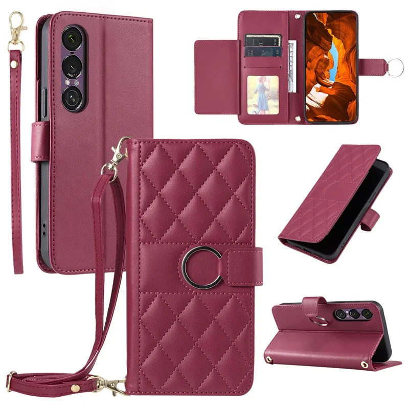 For Sony Xperia 1 VII Case Ring Buckle Wallet Stand Rhombus Crossbody Leather Mobile Cover - Red