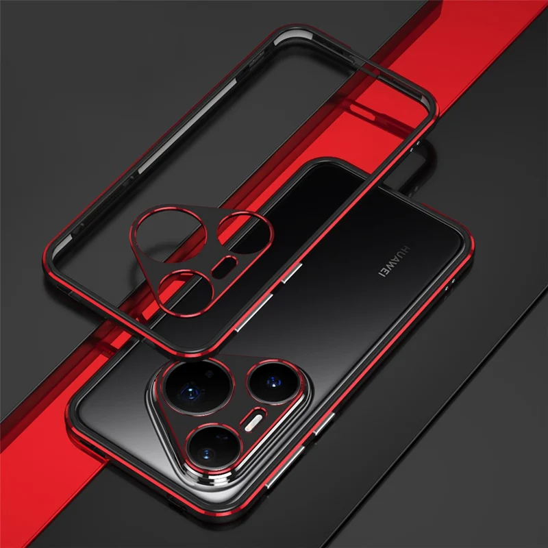 Funda protectora Bumper para Huawei Pura 80 Pro, marco de metal y protección de lente de cámara - Negro / Rojo