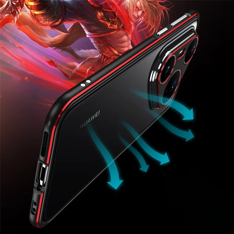 Funda protectora Bumper para Huawei Pura 80 Pro, marco de metal y protección de lente de cámara - Negro / Rojo