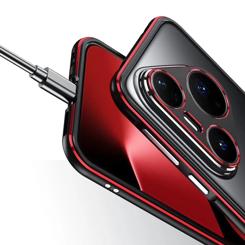 Funda protectora Bumper para Huawei Pura 80 Pro, marco de metal y protección de lente de cámara - Negro / Rojo