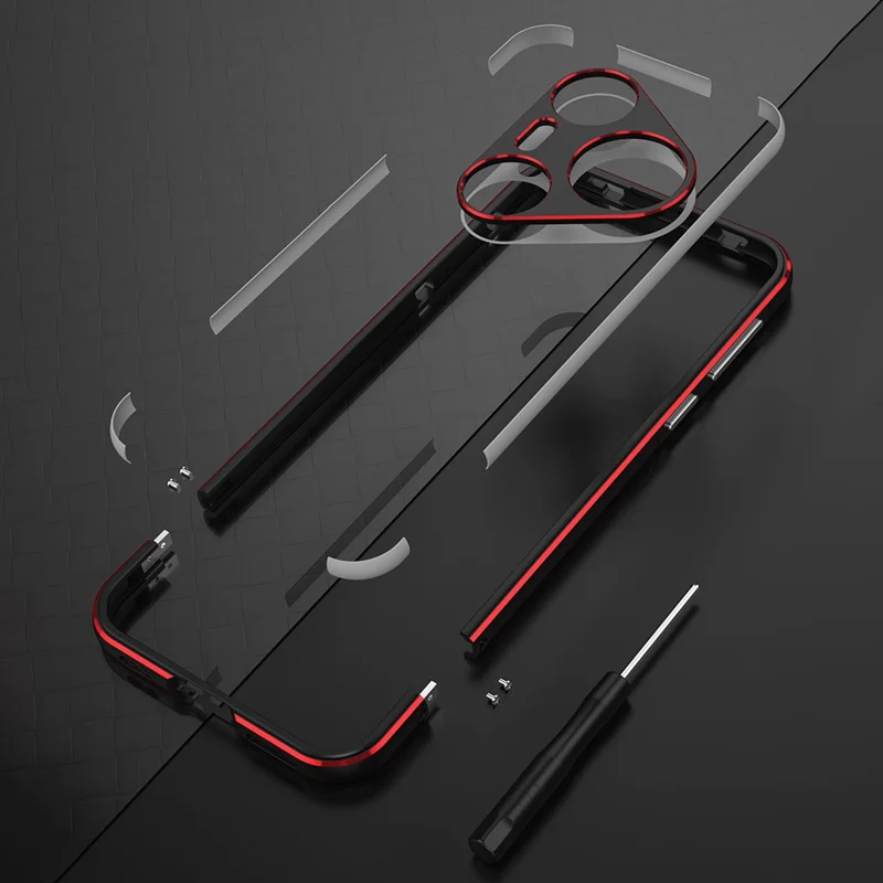 Funda protectora Bumper para Huawei Pura 80 Pro, marco de metal y protección de lente de cámara - Negro / Rojo