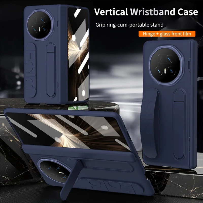 For Honor Magic V5 5G Case Kickstand Wristband PC Phone Cover with Tempered Glass Film - Blue