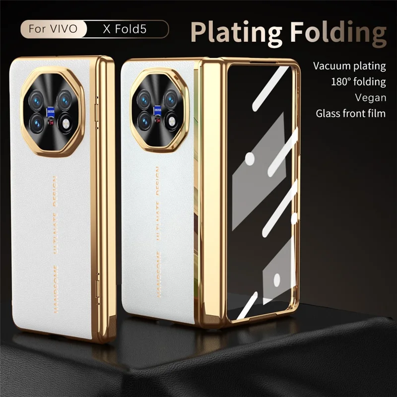 For vivo X Fold5 5G Case PU Leather + PC Electroplated Phone Cover with Front Screen Protector - White