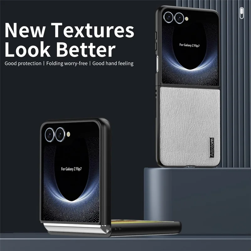 Funda para Samsung Galaxy Z Flip7 5G con Textura de Madera, Cuero PU Revestido, Carcasa Híbrida PC TPU - Negro