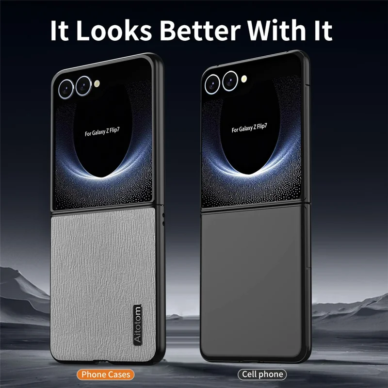 Funda para Samsung Galaxy Z Flip7 5G con Textura de Madera, Cuero PU Revestido, Carcasa Híbrida PC TPU - Negro