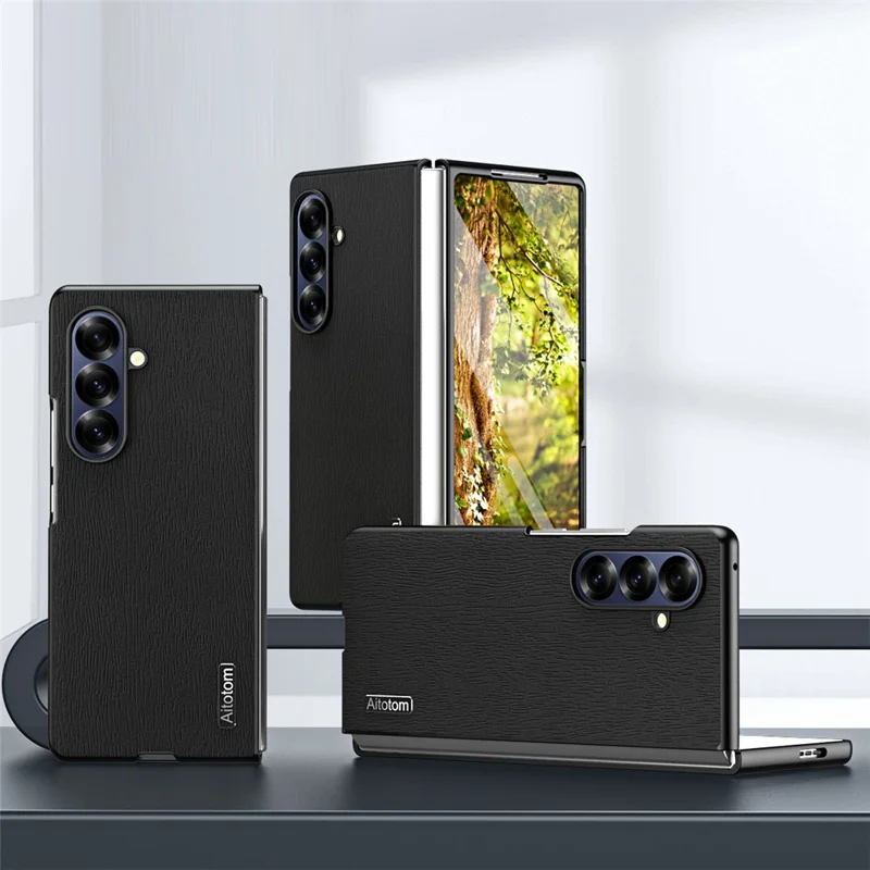 For Samsung Galaxy Z Fold7 5G Case Wood Texture PU Leather Coated PC TPU Phone Cover - Black
