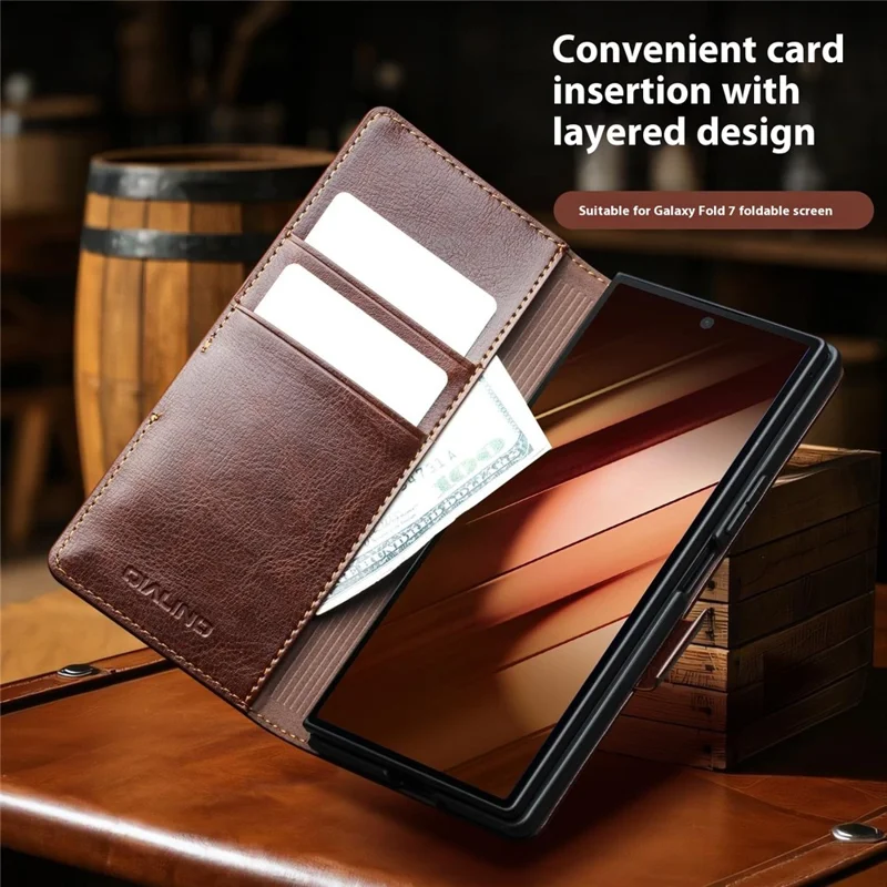 QIALINO For Samsung Galaxy Z Fold7 5G Case with Card Holder Genuine Cow Leather Stand Phone Cover - Brown
