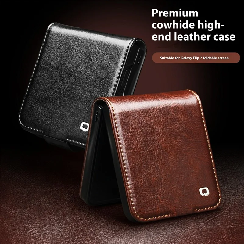 QIALINO Funda de Cuero Auténtico de Vaca con Soporte y Portarretratos para Samsung Galaxy Z Flip7 5G - Marrón