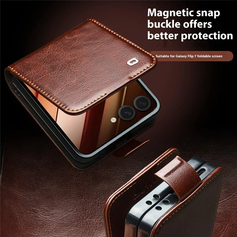 QIALINO Funda de Cuero Auténtico de Vaca con Soporte y Portarretratos para Samsung Galaxy Z Flip7 5G - Marrón