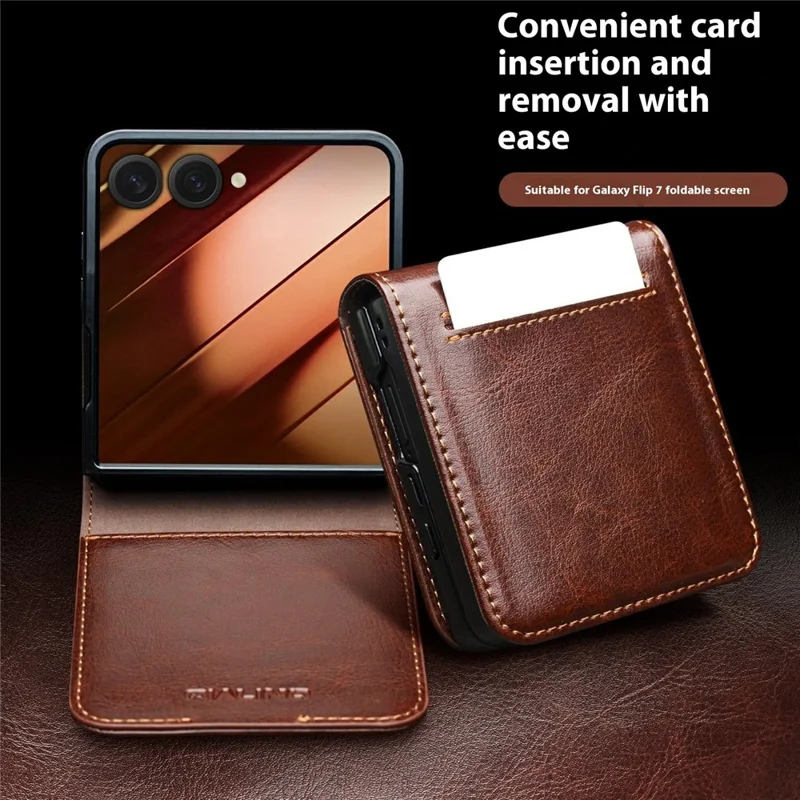 QIALINO Funda de Cuero Auténtico de Vaca con Soporte y Portarretratos para Samsung Galaxy Z Flip7 5G - Marrón