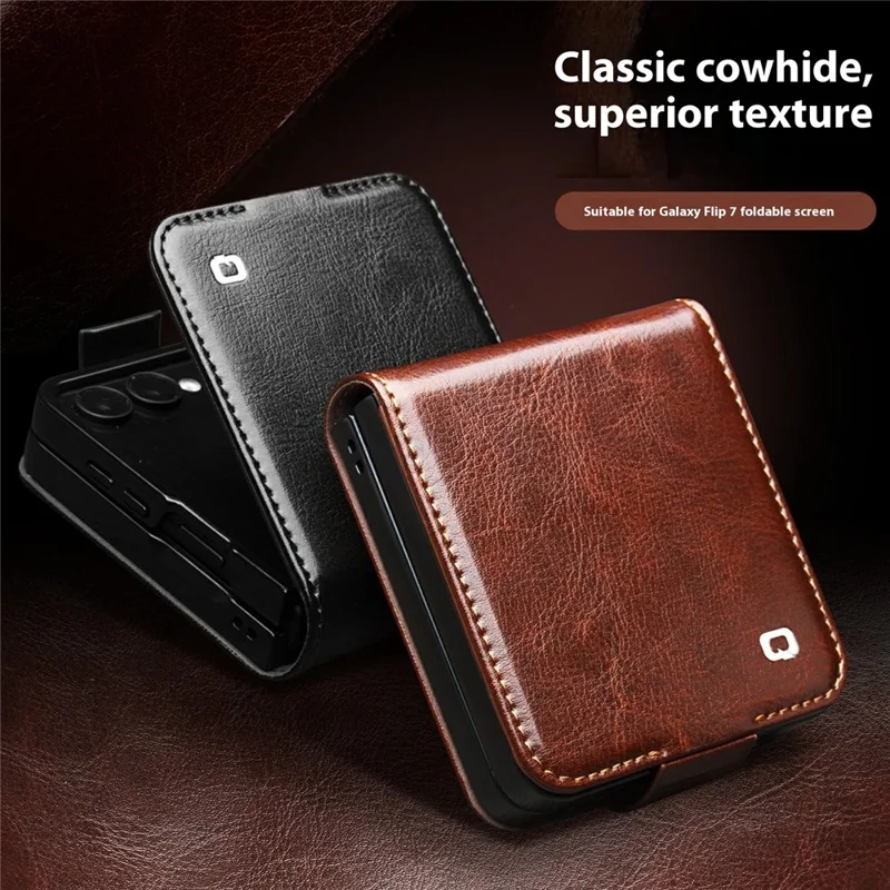 QIALINO Funda de Cuero Auténtico de Vaca con Soporte y Portarretratos para Samsung Galaxy Z Flip7 5G - Marrón