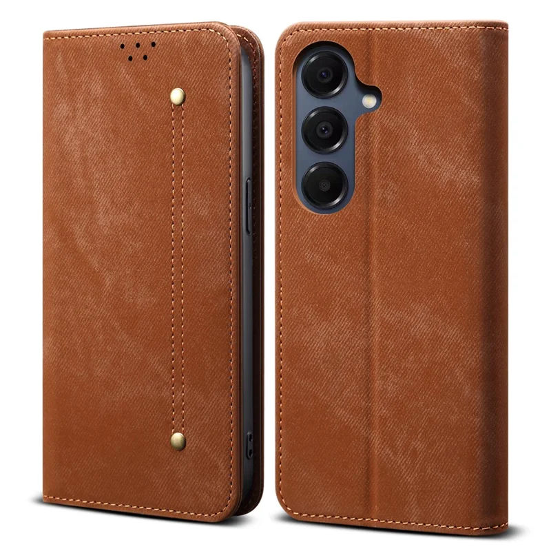 Funda de Cuero con Textura de Tela Vaquera Anticortes para Samsung Galaxy S25 FE - Color Café