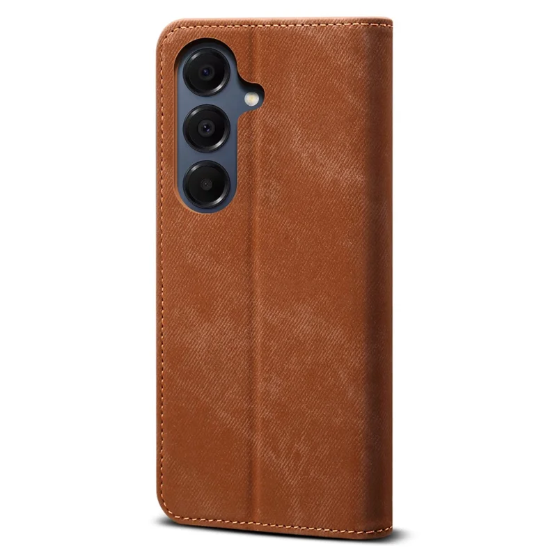 Funda de Cuero con Textura de Tela Vaquera Anticortes para Samsung Galaxy S25 FE - Color Café