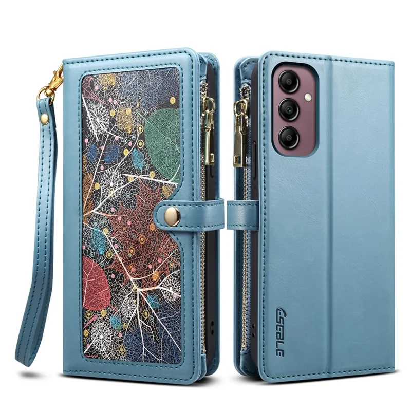 ESEBLE Galaxy Series For Samsung Galaxy S25 FE Case RFID Blocking Leather Zipper Phone Cover with Shoulder Strap + Wrist Strap - Blue