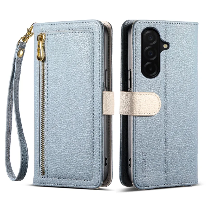 ESEBLE E11 pour étui Samsung Galaxy S25 FE avec pochette zippée, texture de cuir façon litchi, miroir et dragonne - Bleu ciel