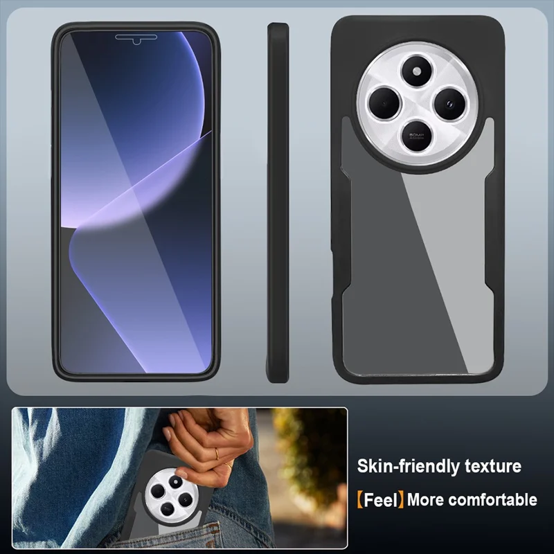 Handyhülle für Xiaomi Redmi 14C 4G / 14R 5G / A4 5G / Poco C75 4G, Acryl + TPU Klare Schutzhülle mit PET Displayschutzfolie - Schwarz