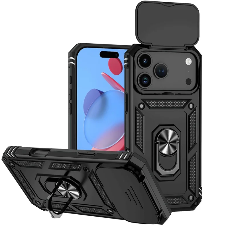 Для iPhone 17 Pro Чехол ПК + ТПУ Чехол для телефона с защитой объектива Подставка - Черный